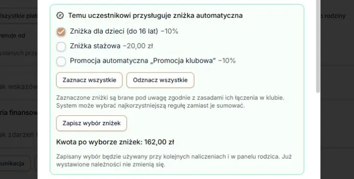 Zniżki — jedna zaznaczona reguła i przeliczona kwota