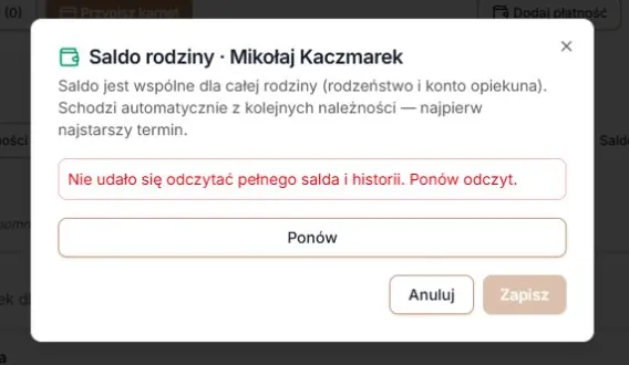Niepełny odczyt — Ponów i zablokowany zapis korekty