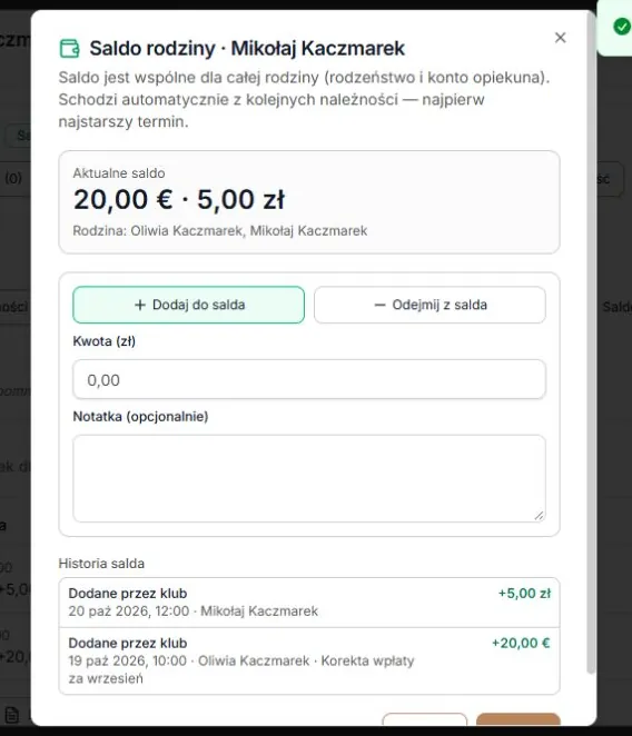 Dwie waluty salda — korekta w PLN pozostawia 20 EUR bez zmian