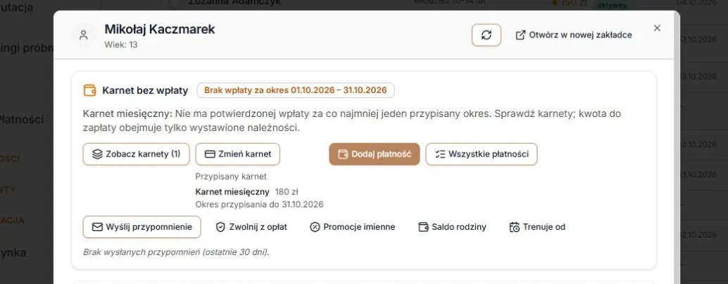 Stan: miesięczny karnet bez wpłaty i wystawionej należności