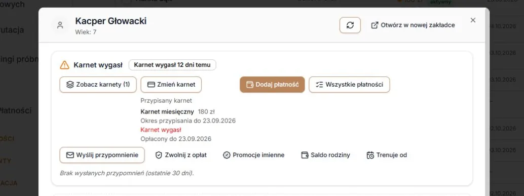 Wygasły karnet zachowany na liście przypisań