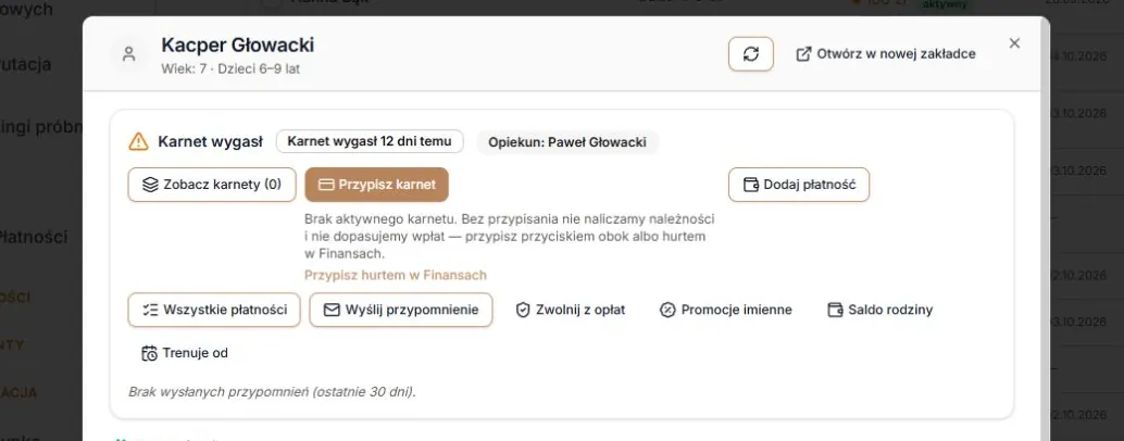 Stan: karnet wygasł, bez przypiętego karnetu