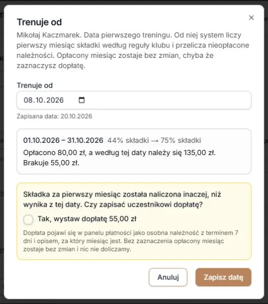 Po zmianie grafiku nowa dopłata 55 zł wymaga ponownego zaznaczenia; stara zgoda nie przechodzi.