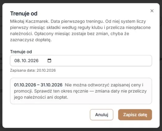 Starsza ręczna korekta kwoty wymaga sprawdzenia; zmiana daty nie nadaje nowej ceny.