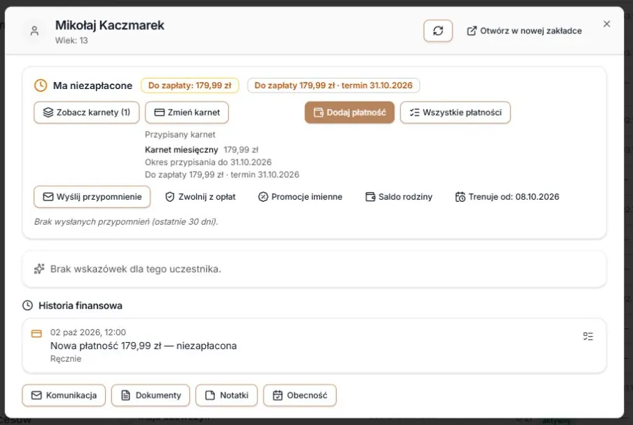 Zapisana data i należność 179,99 zł w profilu uczestnika.