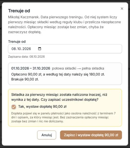 Zaznaczenie i zatwierdzenie dopłaty