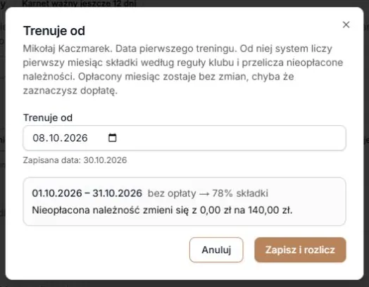 Istniejąca zerowa należność treningowa: siedem z dziewięciu terminów daje 140 zł.