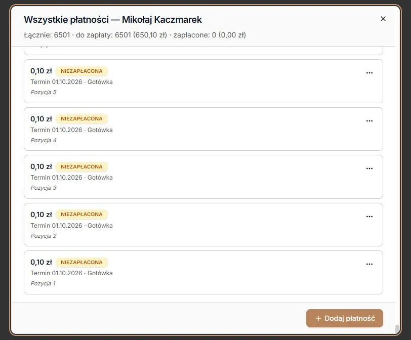 Ostatni wpis w historii 6501 należności
