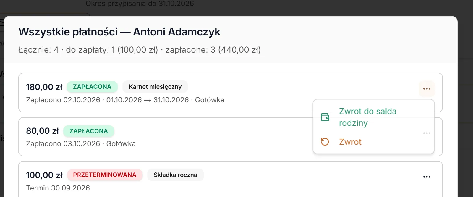 Wszystkie płatności — bezpośredni zwrot do salda rodziny
