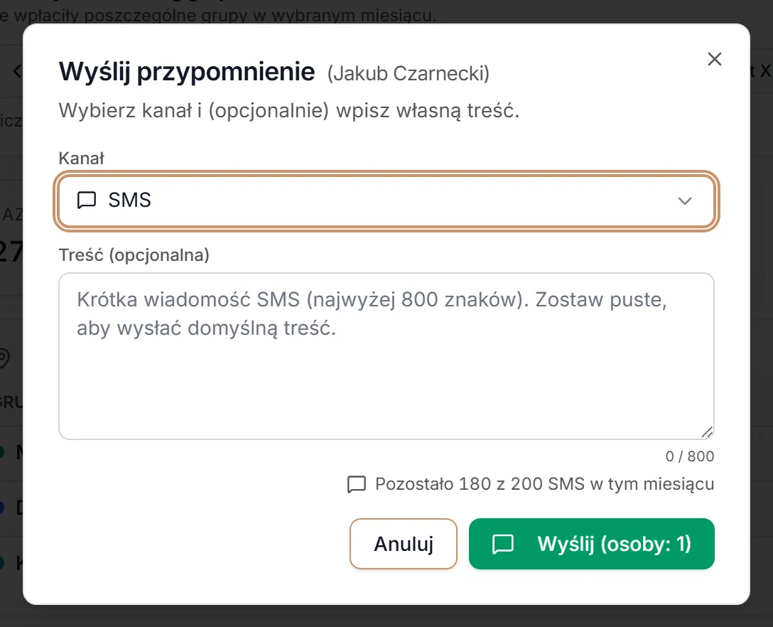 Okno przypomnienia — kanał SMS