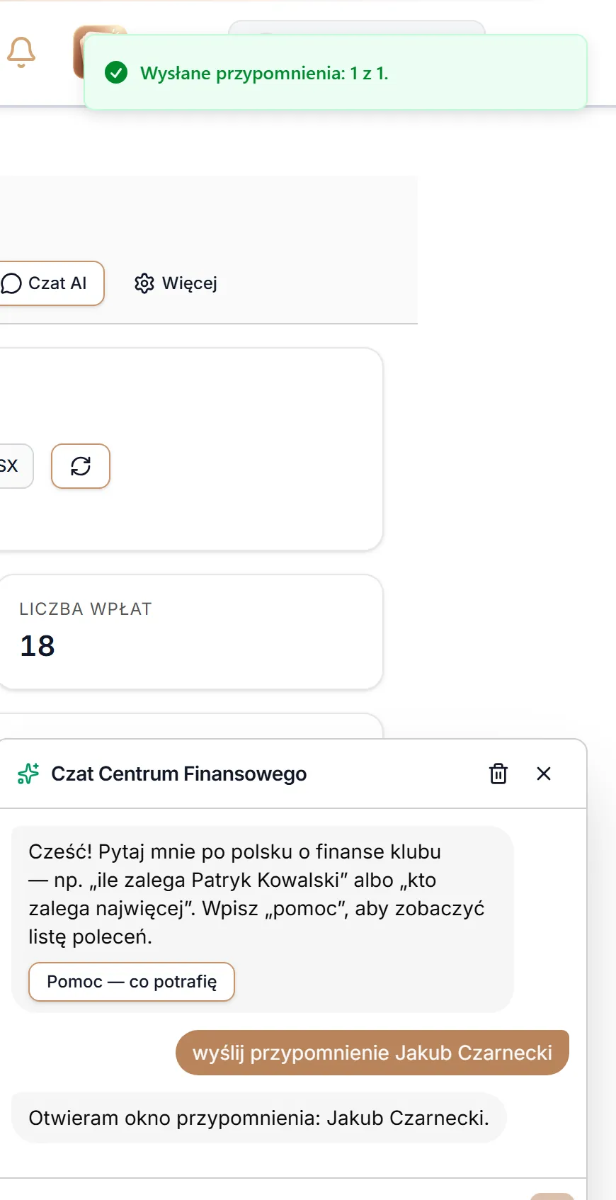 Przypomnienie wysłane z czatu