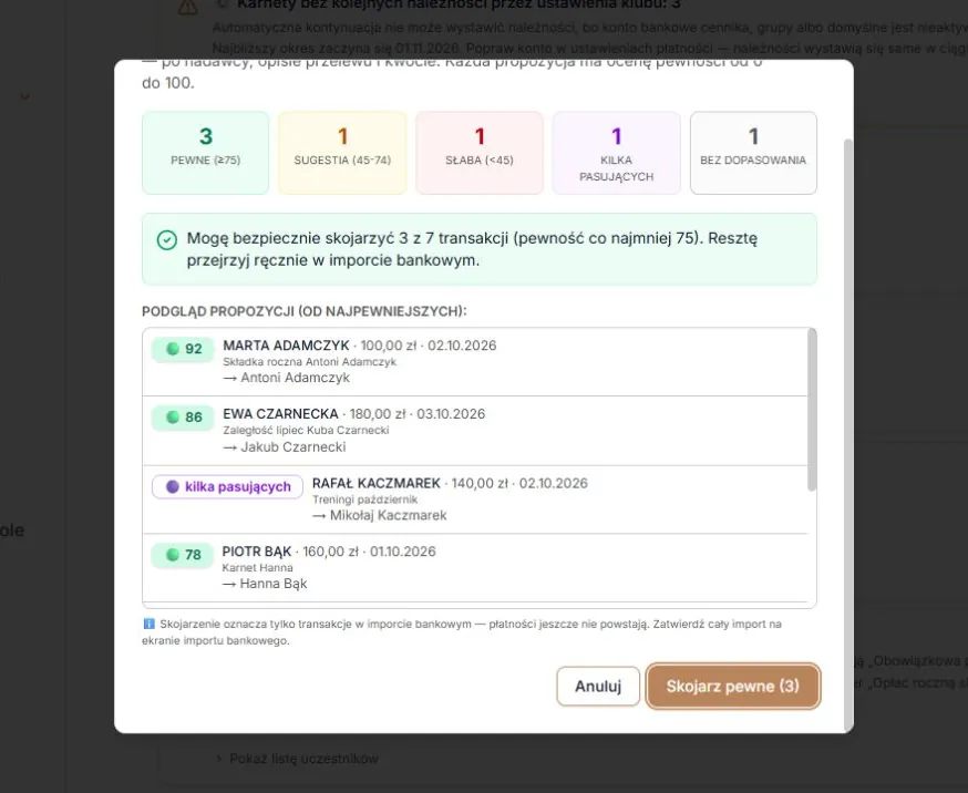 Informacja o wyniku kojarzenia i przyciski zapisu