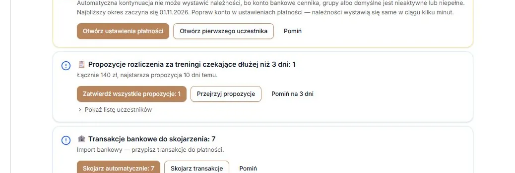 Pozycja „Propozycje rozliczenia za treningi”
