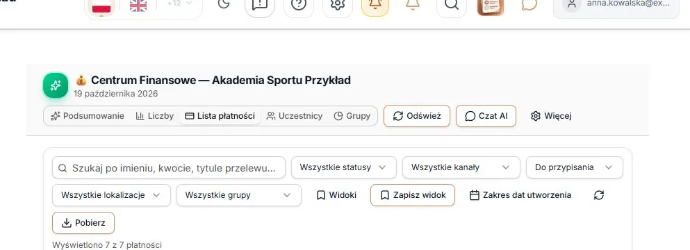 Lista płatności z płatnościami do przypisania