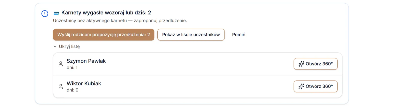 Lista osób z wygasłym karnetem