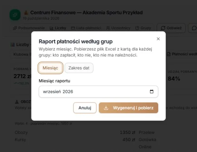 Raport płatności według grup — tryb Miesiąc
