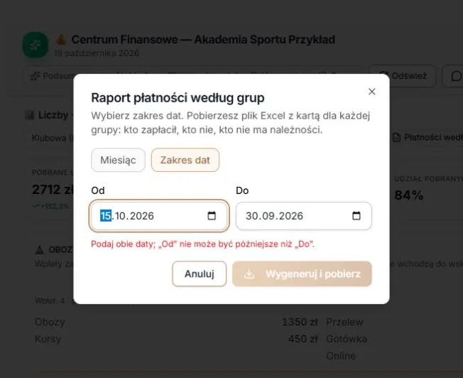 Raport płatności — błędny zakres dat
