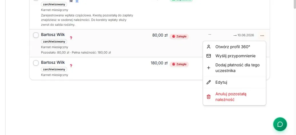 Wybierz pozostałą należność, a potem jej menu