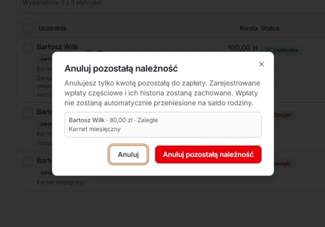 Anulowanie kwoty pozostałej do zapłaty