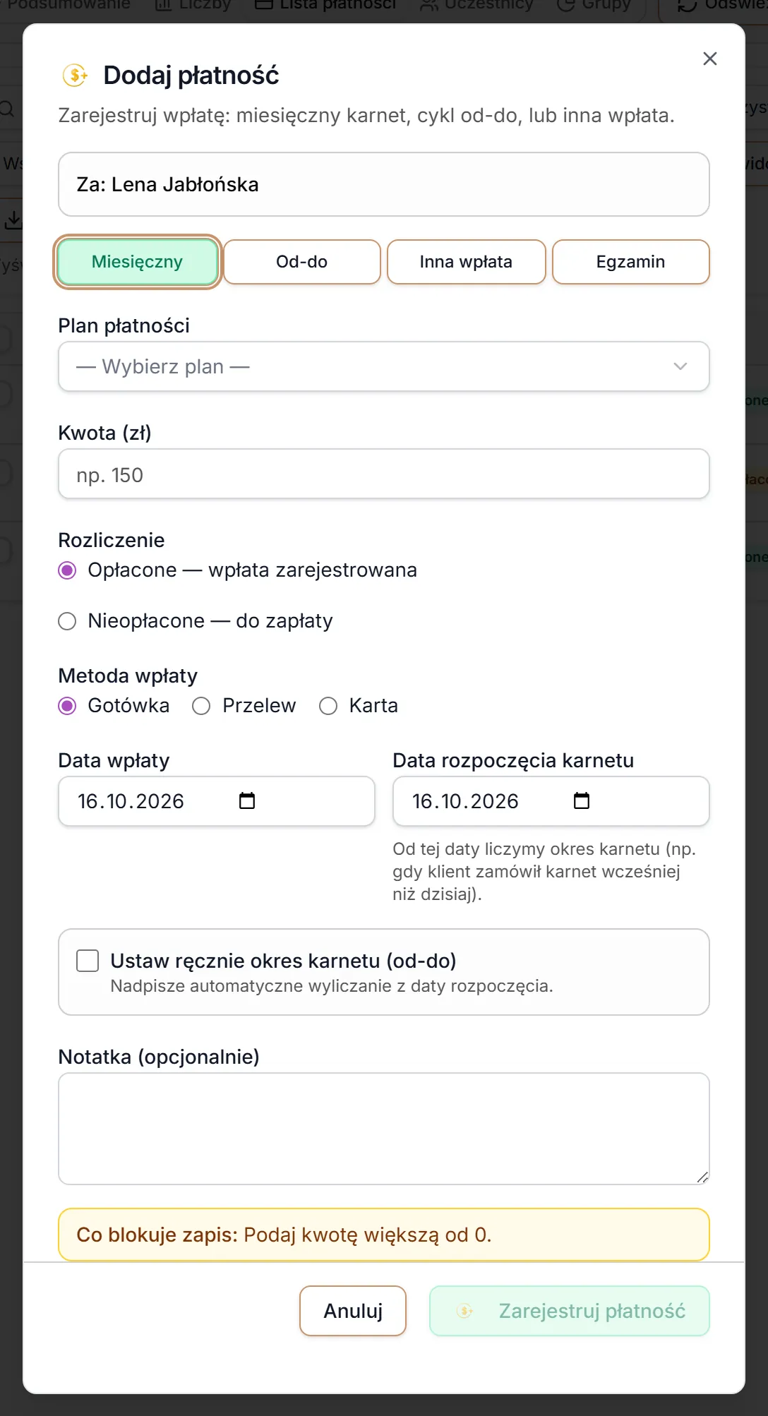 Dodaj płatność z menu płatności