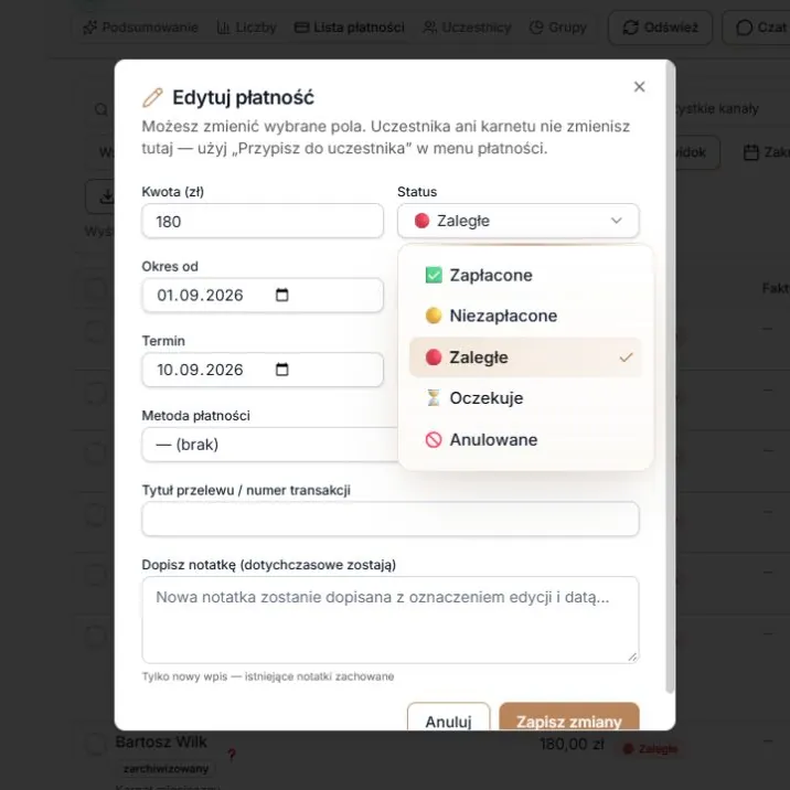 Edycja — lista statusów