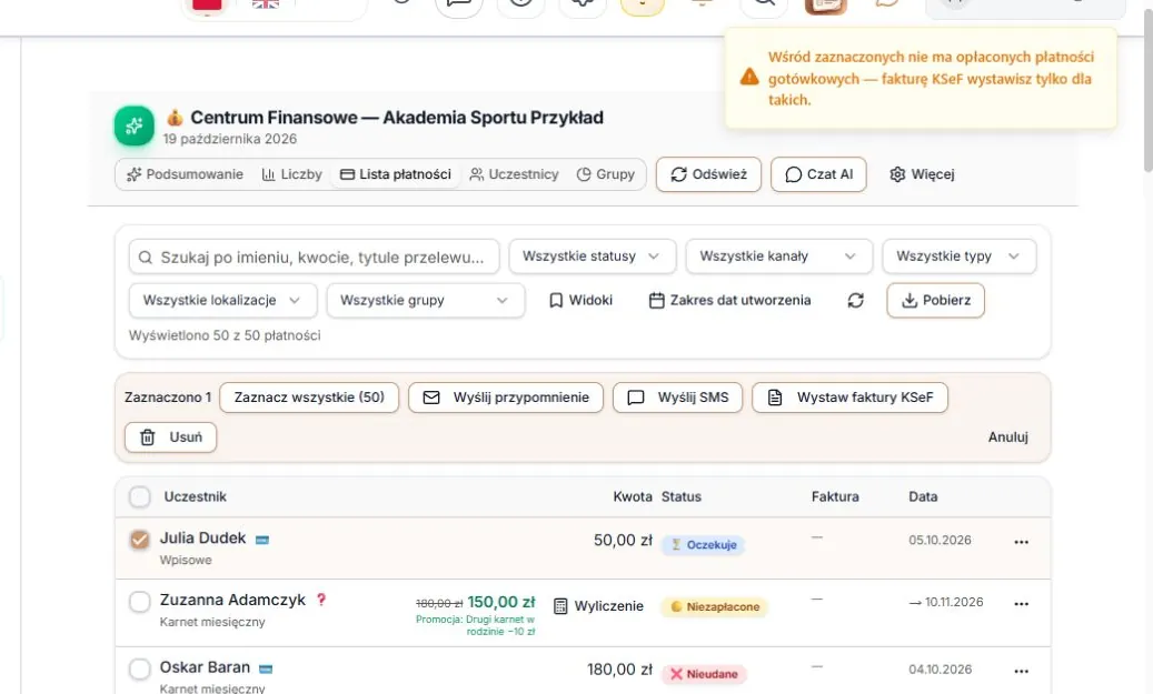 Faktury KSeF — brak wpłat gotówką wśród zaznaczonych