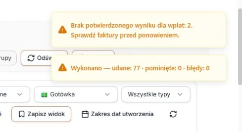77 utworzonych faktur i dwie odłożone wpłaty