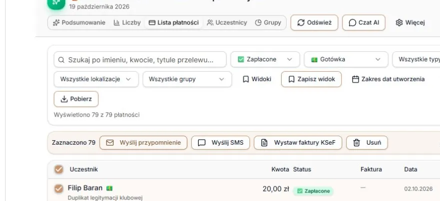 Wybór 79 zapłaconych wpłat gotówką do faktur KSeF