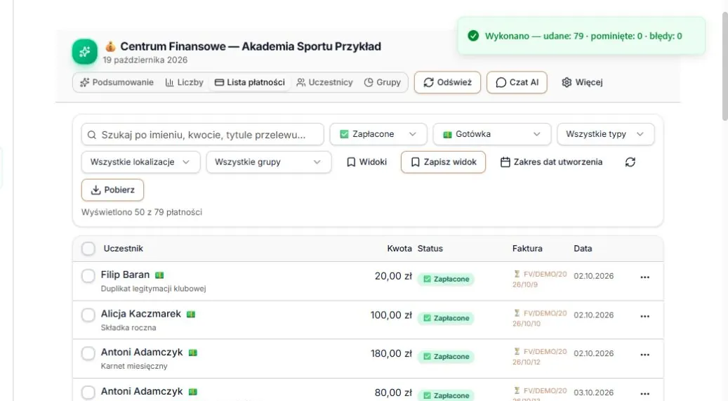 79 faktur utworzonych — sprawdź także status przy numerze