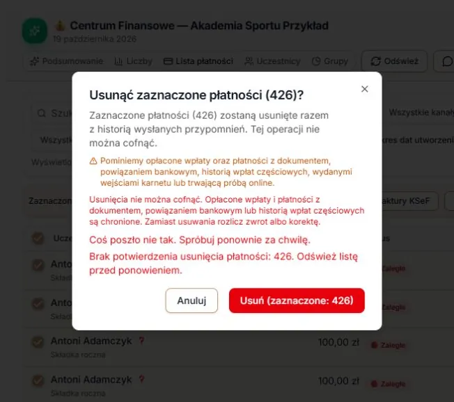 Błąd pierwszej partii pozostaje w oknie usuwania