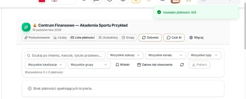 Potwierdzone usunięcie wszystkich 426 należności
