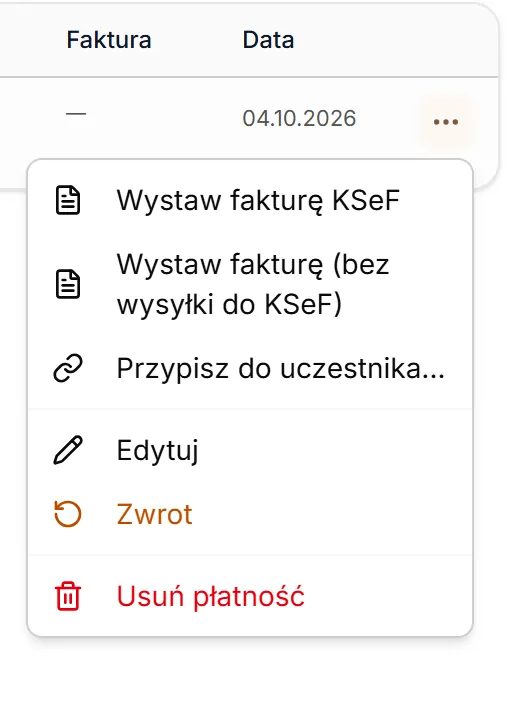 Menu płatności bez uczestnika