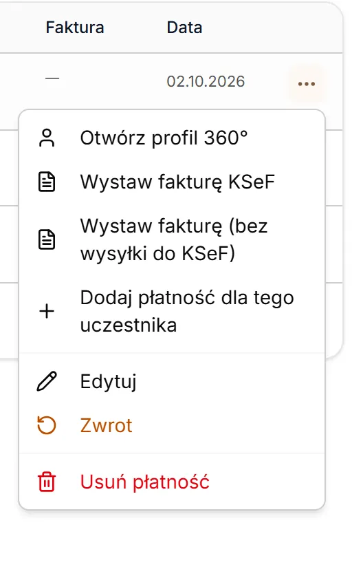 Menu wpłaty gotówką