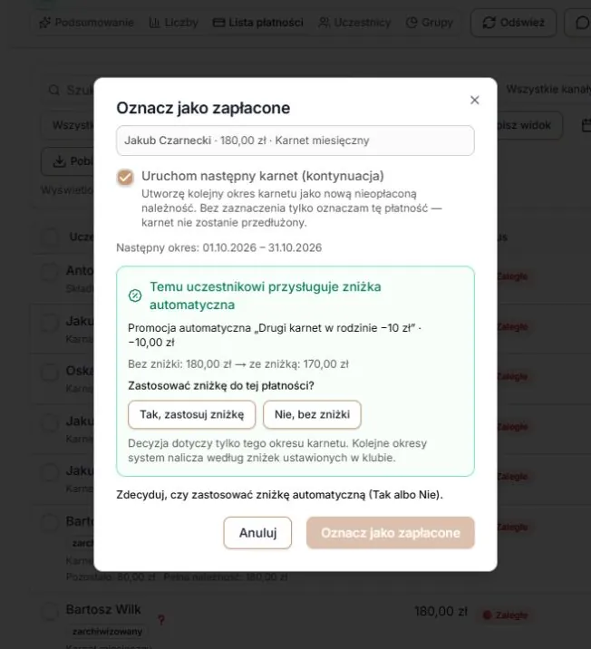 Następny karnet i pytanie o zniżkę automatyczną