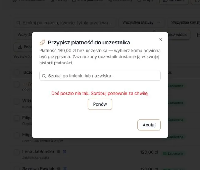 Błąd odczytu listy uczestników i ponowienie