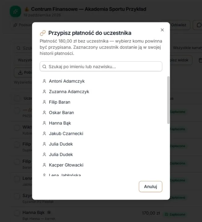 Okno Przypisz płatność do uczestnika