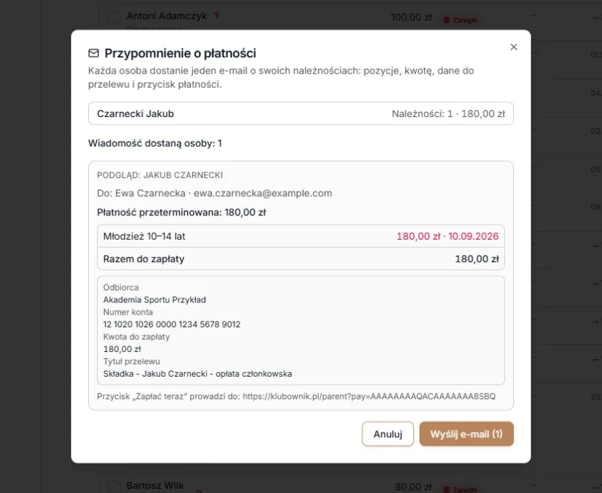 Przypomnienie z wiersza — odbiorca i podgląd przed wysyłką