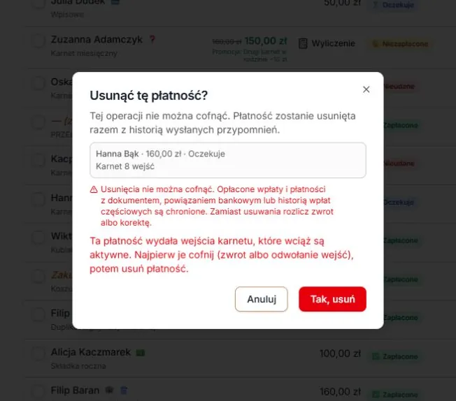 Aktywne wejścia karnetu blokują usunięcie