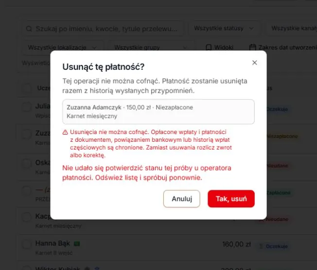 Brak potwierdzenia operatora podczas usuwania