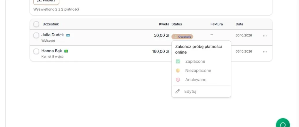 Zakończenie próby online z menu statusu