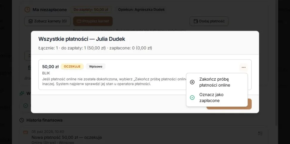Menu niedokończonej płatności online