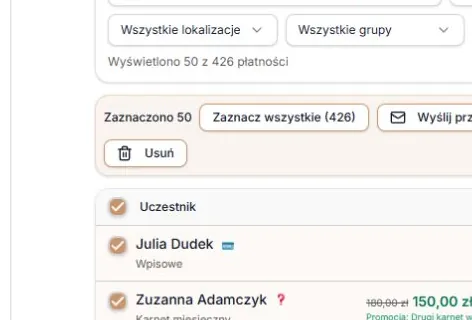 Pole w nagłówku wybiera 50 załadowanych płatności z wyniku 426