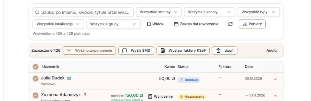 Wszystkie 426 płatności po zakończeniu odczytu