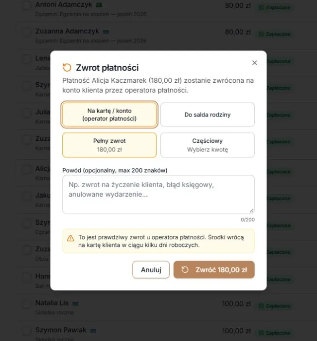 Zwrot płatności u innego operatora