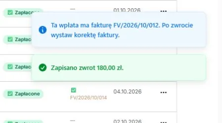 Zwrot zapisany — przypomnienie o korekcie faktury
