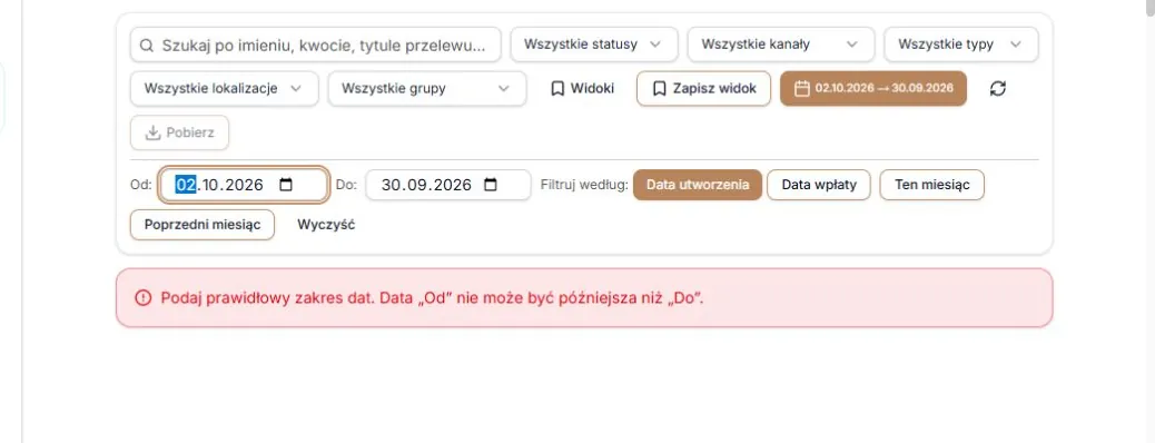 Nieprawidłowa kolejność dat blokuje wyniki i eksport