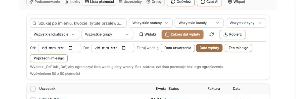 Zakres dat przełączony na datę wpłaty