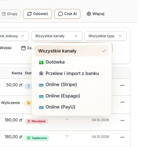 Lista opcji filtra Kanał