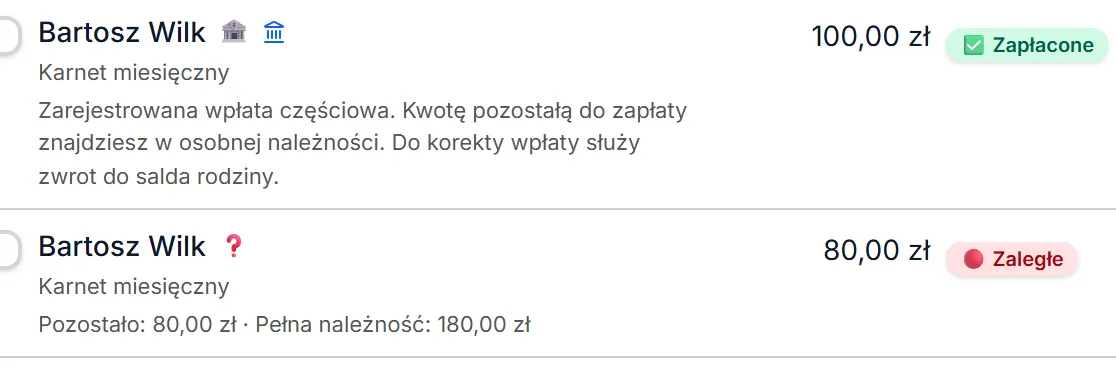Należność po wpłacie częściowej i sama wpłata