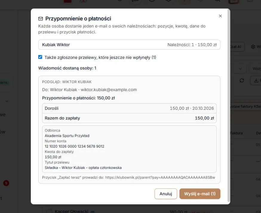 Po dołączeniu zgłoszonego przelewu sprawdź osobę, kwotę i treść wiadomości